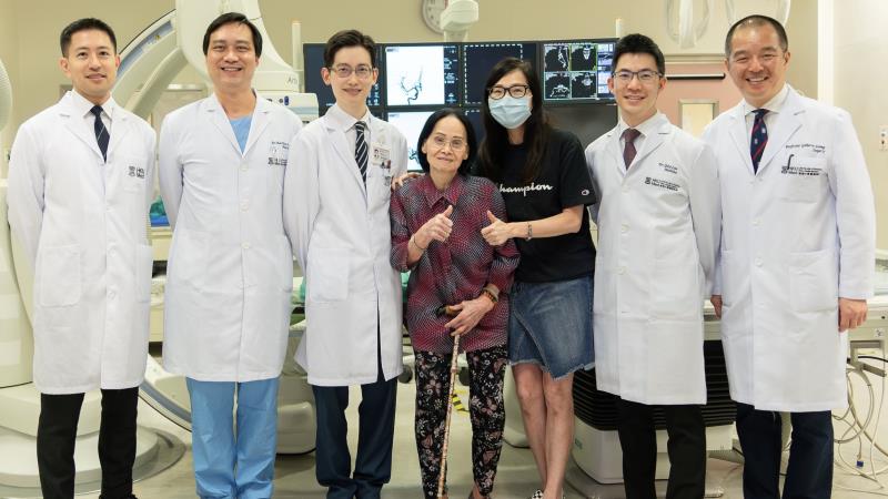 From left: Dr Edward Chu, Dr Koon-Ho Chan, Dr Kevin Cheng, an 84-year-old stroke survivor and her daughter, Dr Gary Lau, Prof