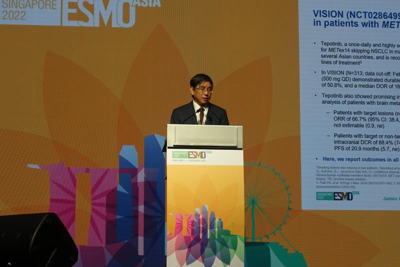 Dr James Yang at ESMO Asia Congress 2022, presenting the efficacy, safety data for tepotinib in the Asian subset of patients 