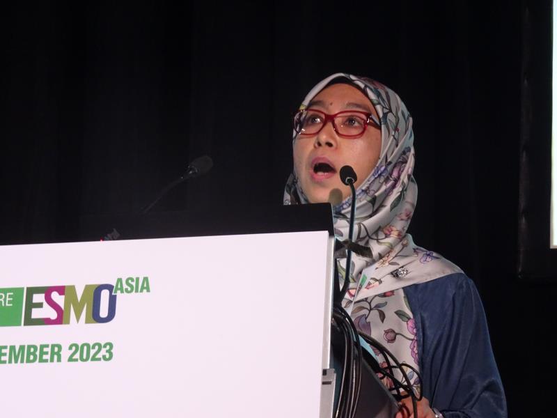 Dr Marniza Saad discussing the MAGNITUDE Asian subgroup findings at ESMO Asia 2023.