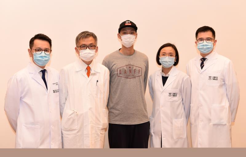 From left: Prof Eric Tse, Prof Yok-Lam Kwong, the leukaemia patient treated with CAR T-cell therapy, Dr Joycelyn Sim, Dr Thom