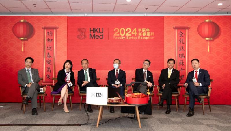 From left: Prof Leo Poon, Prof Victoria Wong, Prof Gilberto Leung, Prof Chak-Sing Lau, Prof Eric Tse, Prof Ying-Shing Chan, P