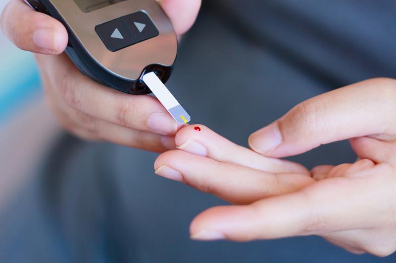 The current blood glucose monitor requires a disposable test strip and a small drop of blood.