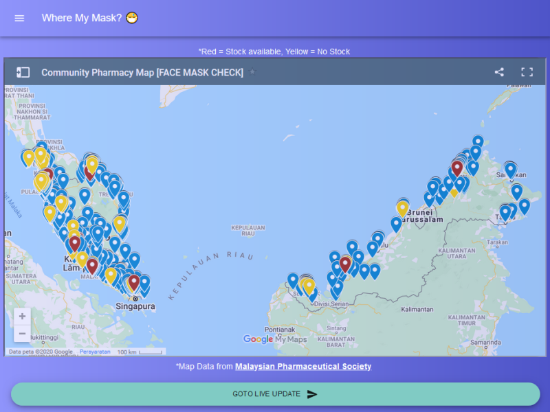 The WhereMyMask map shows registered community pharmacy locations nationwide and their mask and/or sanitizer stocks as report