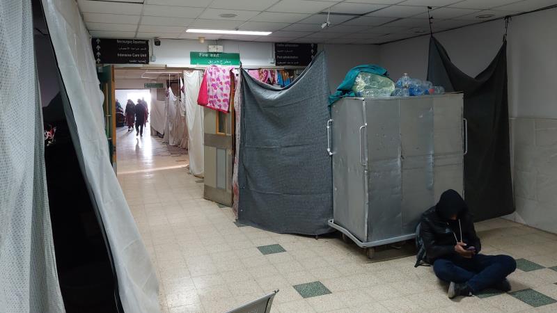 A corridor in the European Gaza Hospital where displaced people stayed