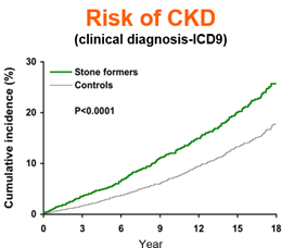 Figure 1. Risk of chronic kidney disease over time in kidney stone forming patients and non-stone formers.
Adapted from: Rule AD, et al. Clin J Am Soc Nephrol 2009;4(4):804-811.