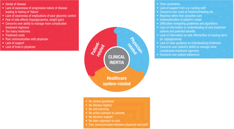 Figure 1. Multiple factors that lead to clinical or therapeutic inertia. (Adapted from Okemah et al, 2018)