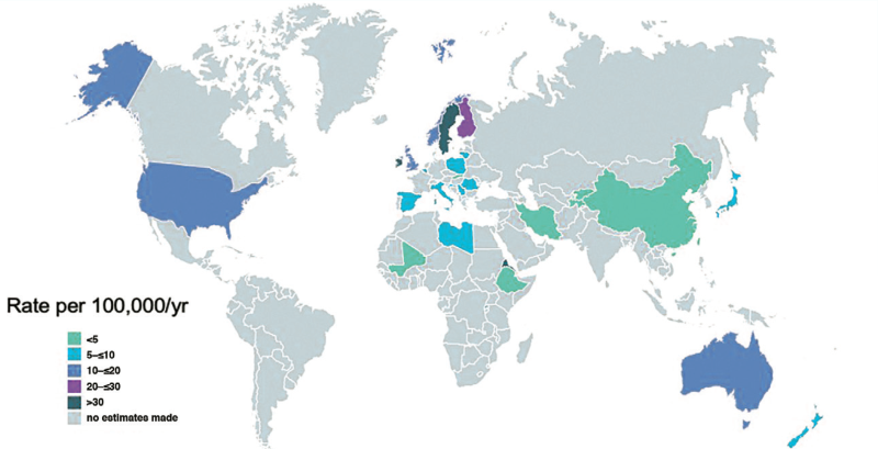 The incidence of type 1 diabetes in the world. Adapted from International Diabetes Federation Diabetes Atlas 2021